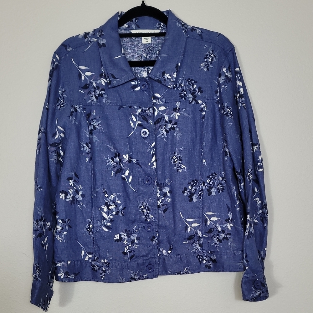 Coldwater Creek 100% Linen Jacket Size M Blue Floral Button Up Coastal Grandma